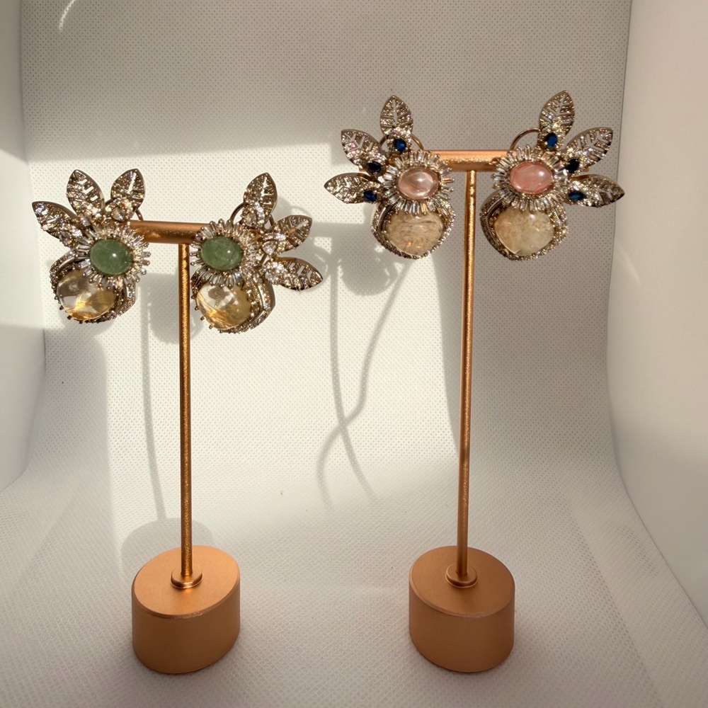 Sabyasachi Inspired Elegant Floral Crystal Stud Earrings - Green & Pink Options